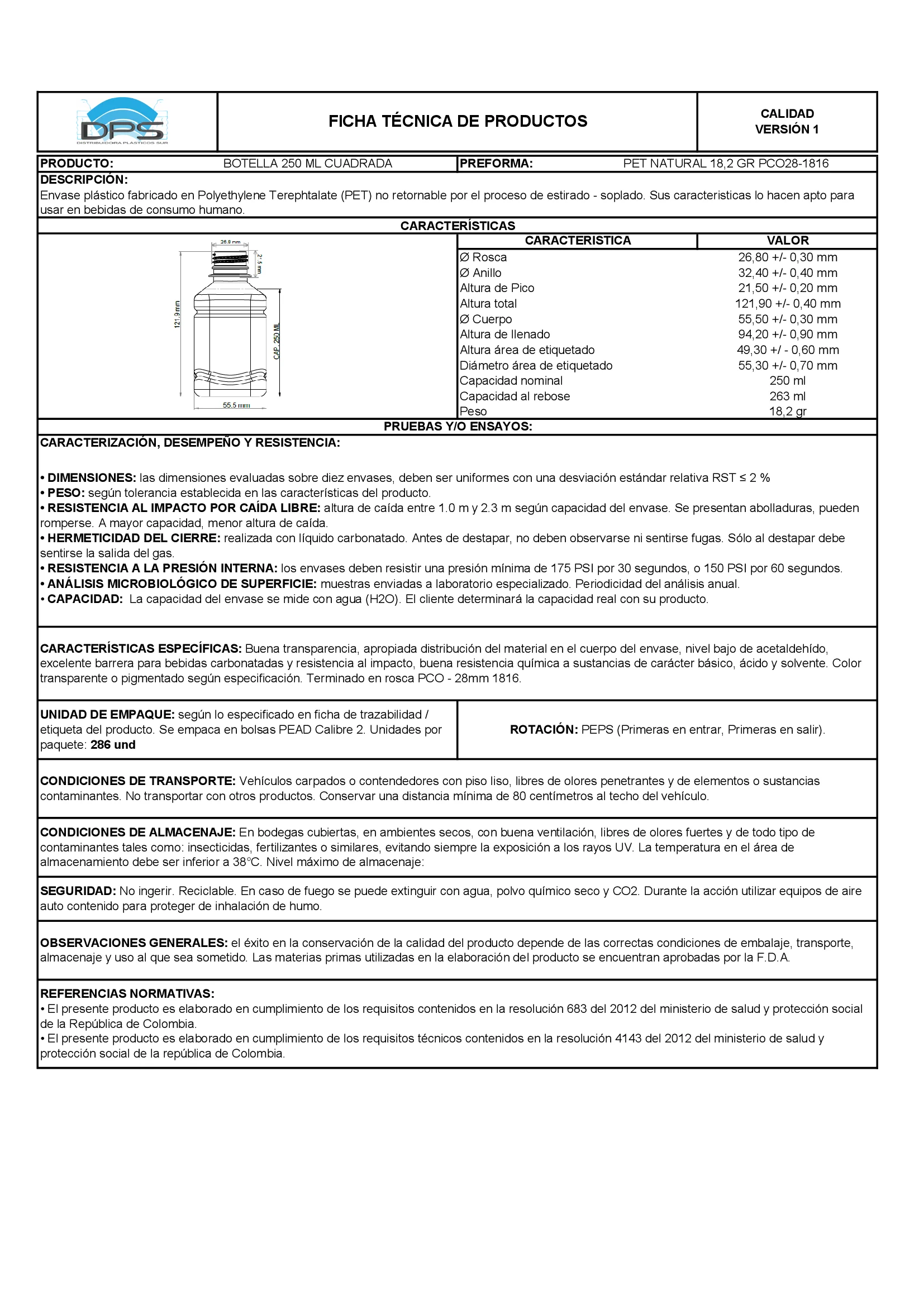 Ficha técnica BOTELLA PET 250 ML NAT PCO28-1816 CUADRADA