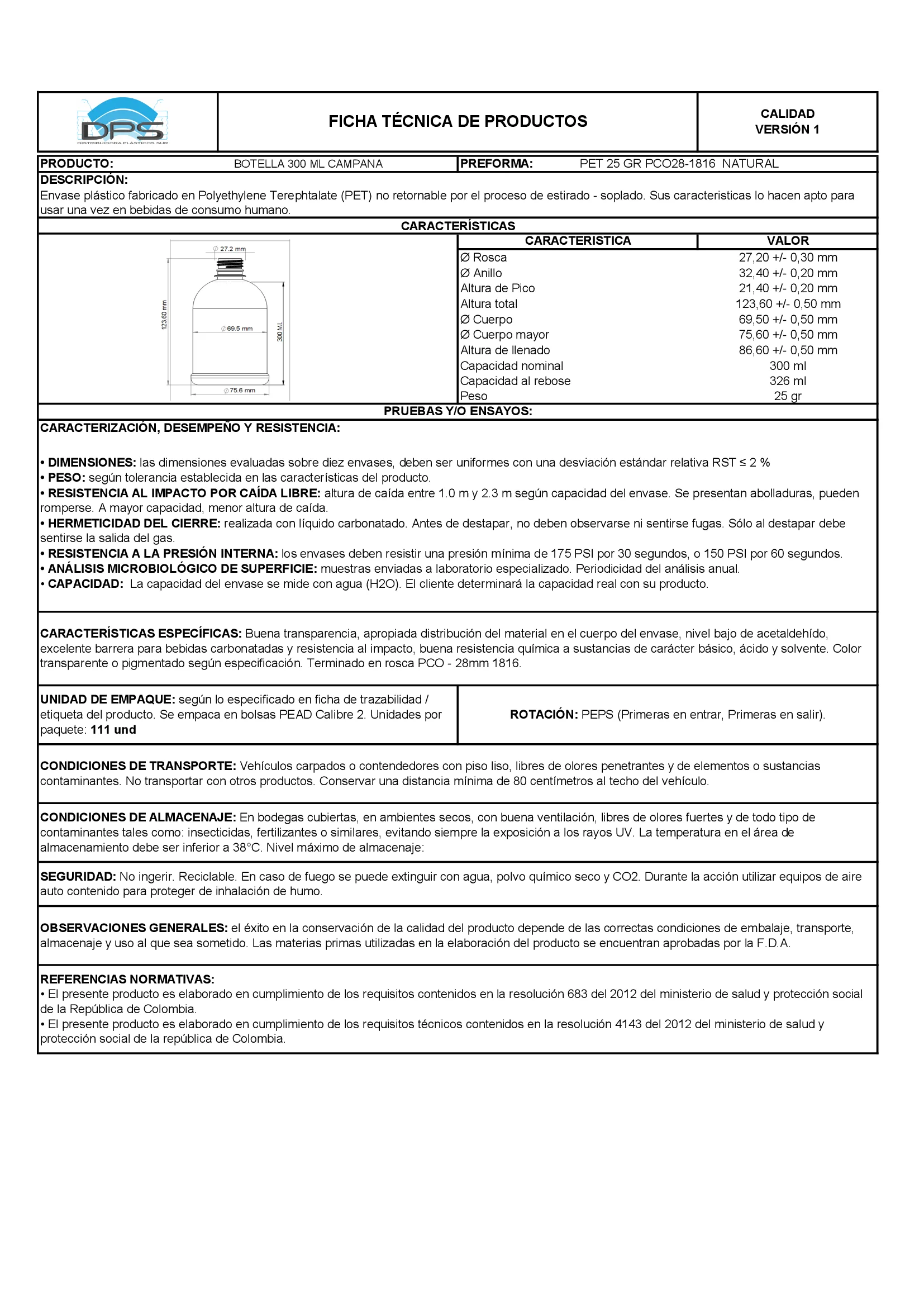 Ficha técnica BOTELLA PET 300 ML NAT PCO28-1816 CAMPANA