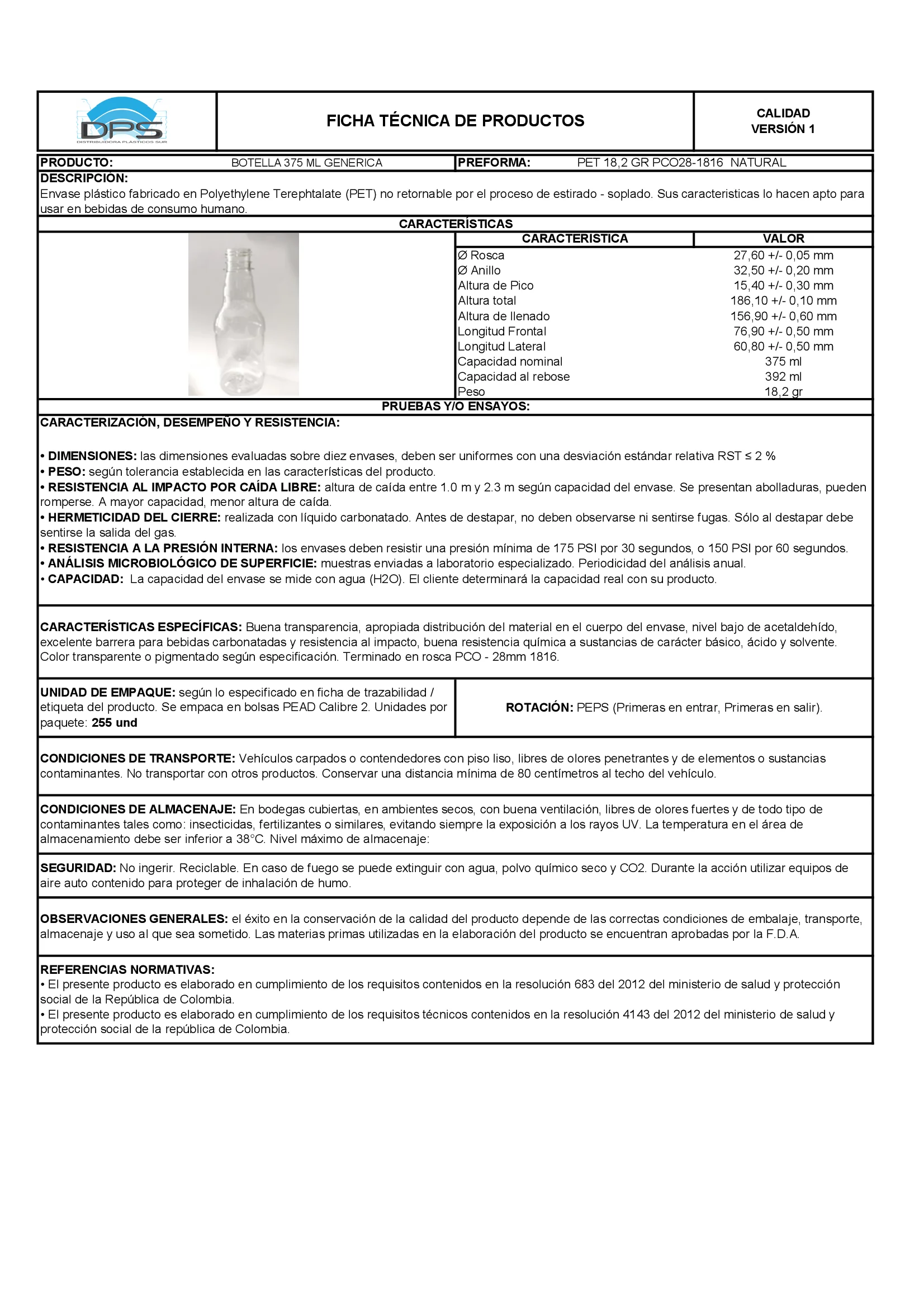 Ficha técnica BOTELLA PET 375 ML NAT PCO28-1816 PLANA