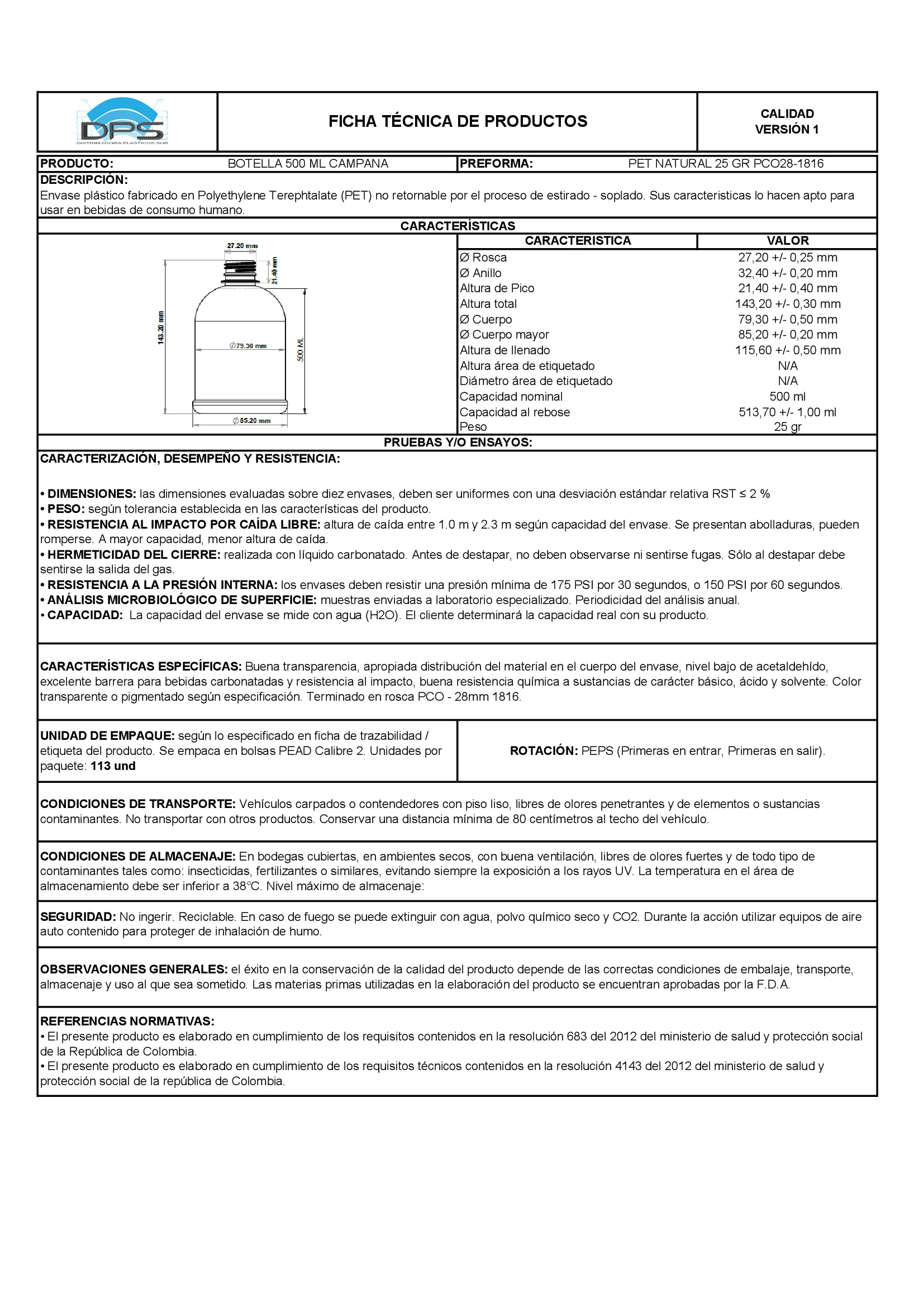 Ficha técnica BOTELLA PET 500 ML NAT PCO28-1816 CAMPANA