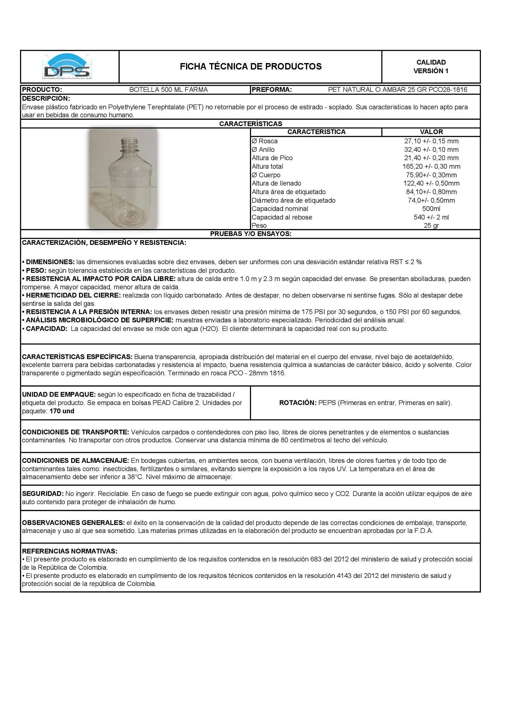 Ficha técnica BOTELLA PET 500 ML NAT PCO28-1816 FARMA