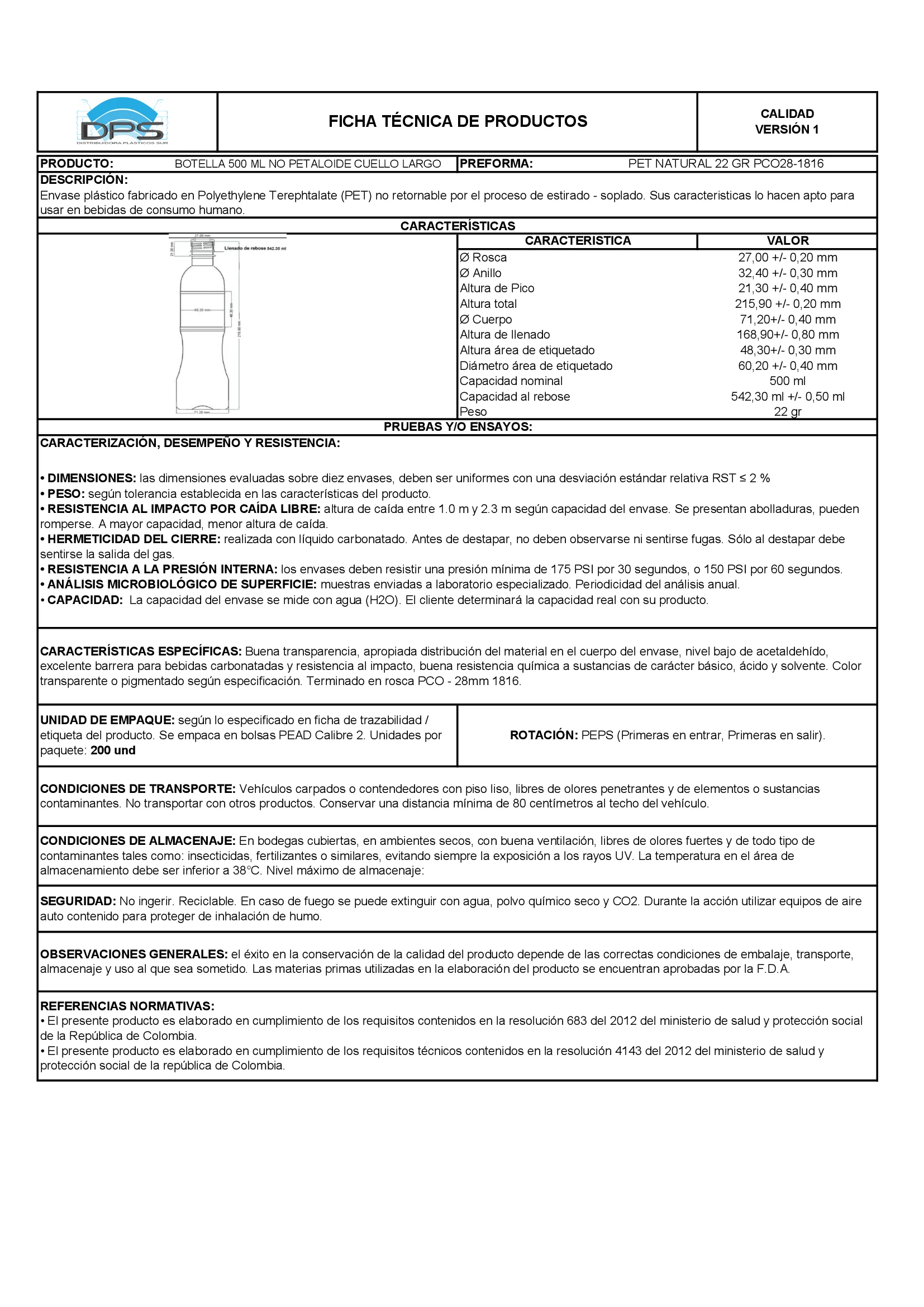 Ficha técnica BOTELLA PET 500 ML NAT PCO28-1816 NO PETALOIDE