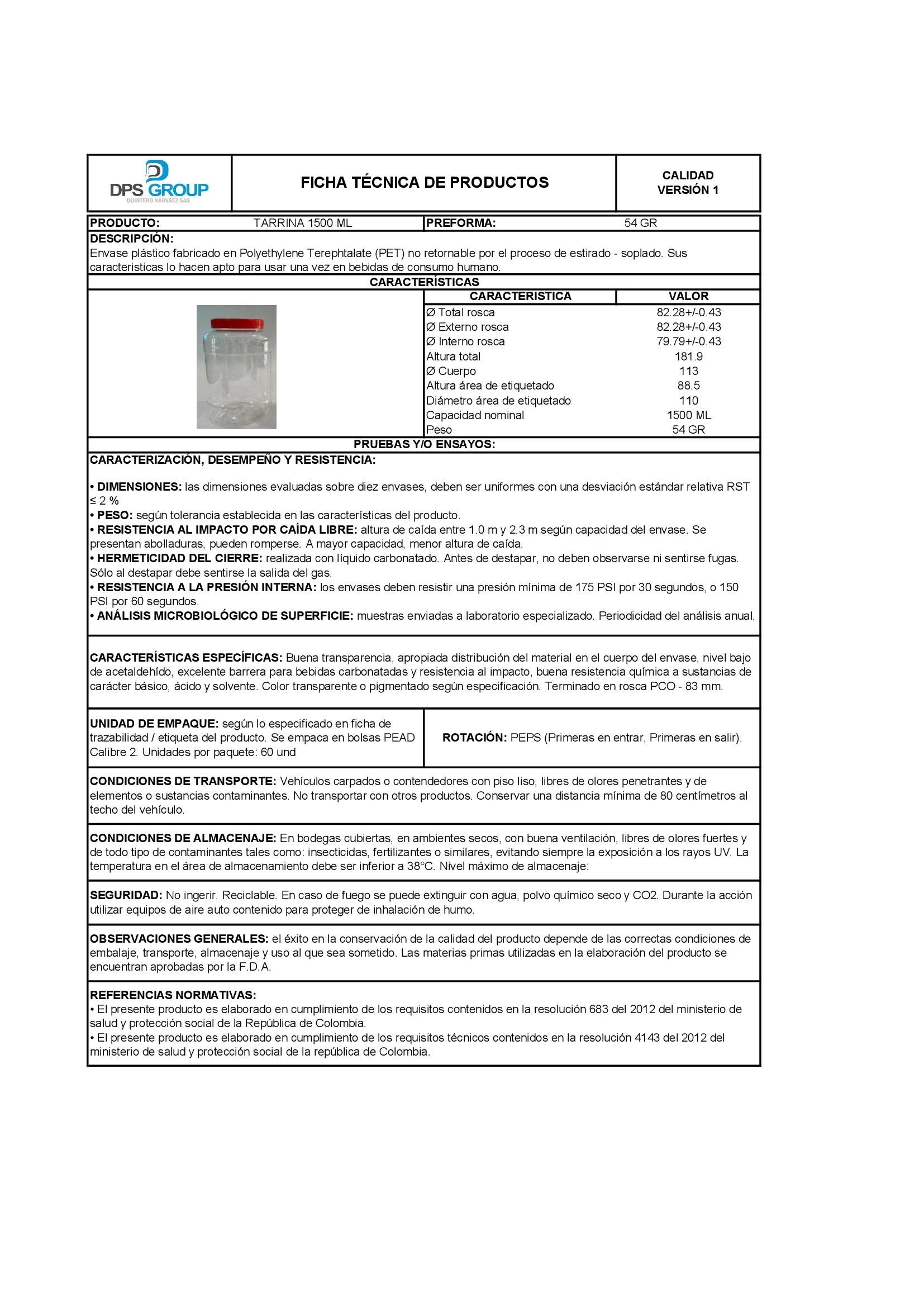Ficha técnica FRASCO PLÁSTICO REDONDO 500 ML TARRINA