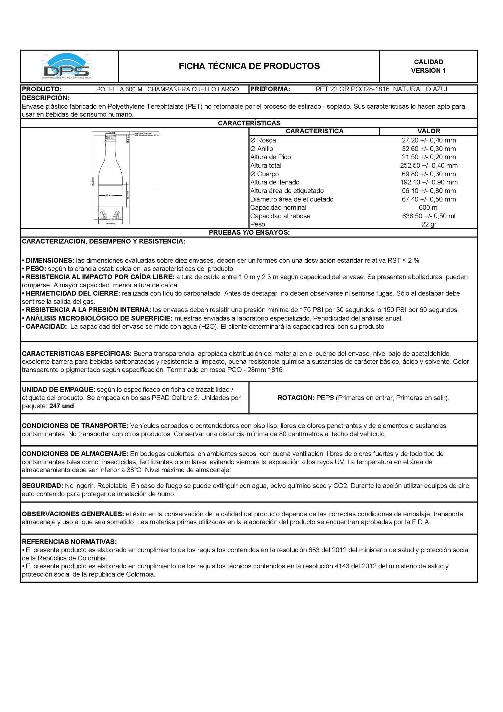 Ficha técnica BOTELLA 600 ML  NAT PCO28-1816 CHAMPAÑERA