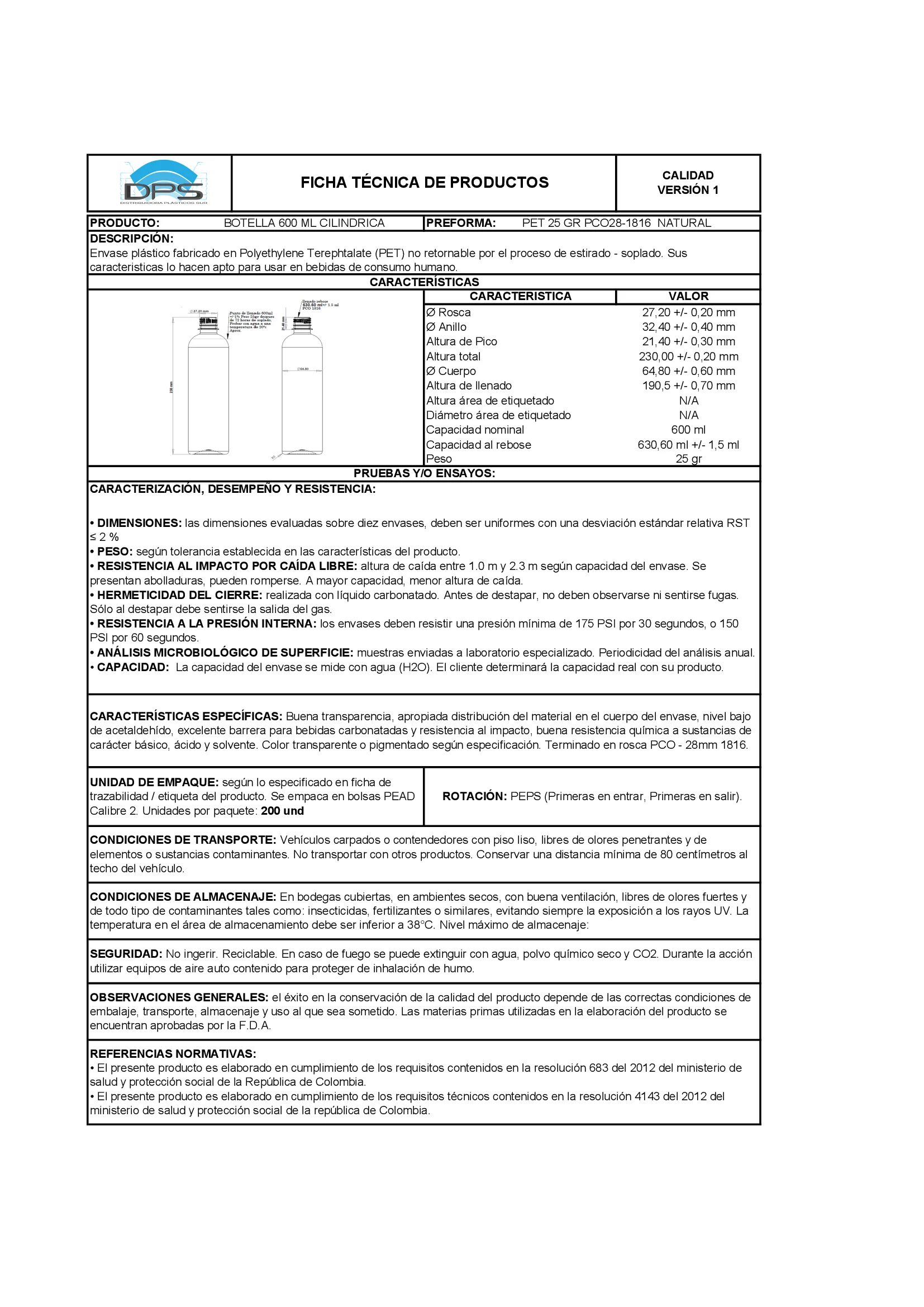 Ficha técnica BOTELLA PET 600 ML NAT PCO28-1816 CILÍNDRICA
