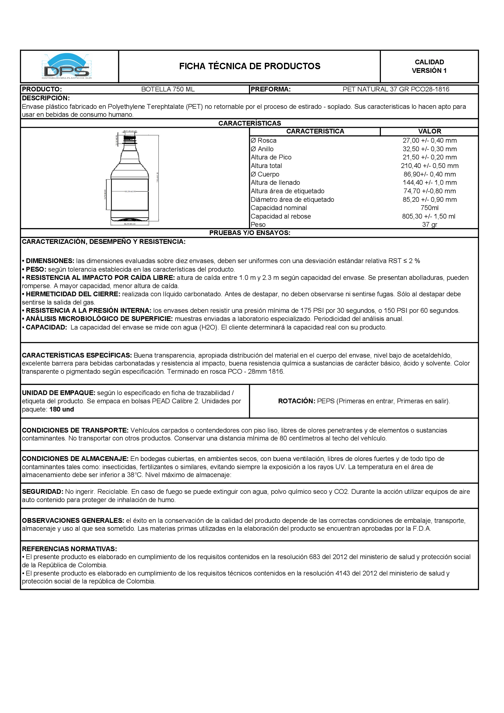 Ficha técnica BOTELLA PET 750 ML NAT PCO28-1816 GENÉRICA