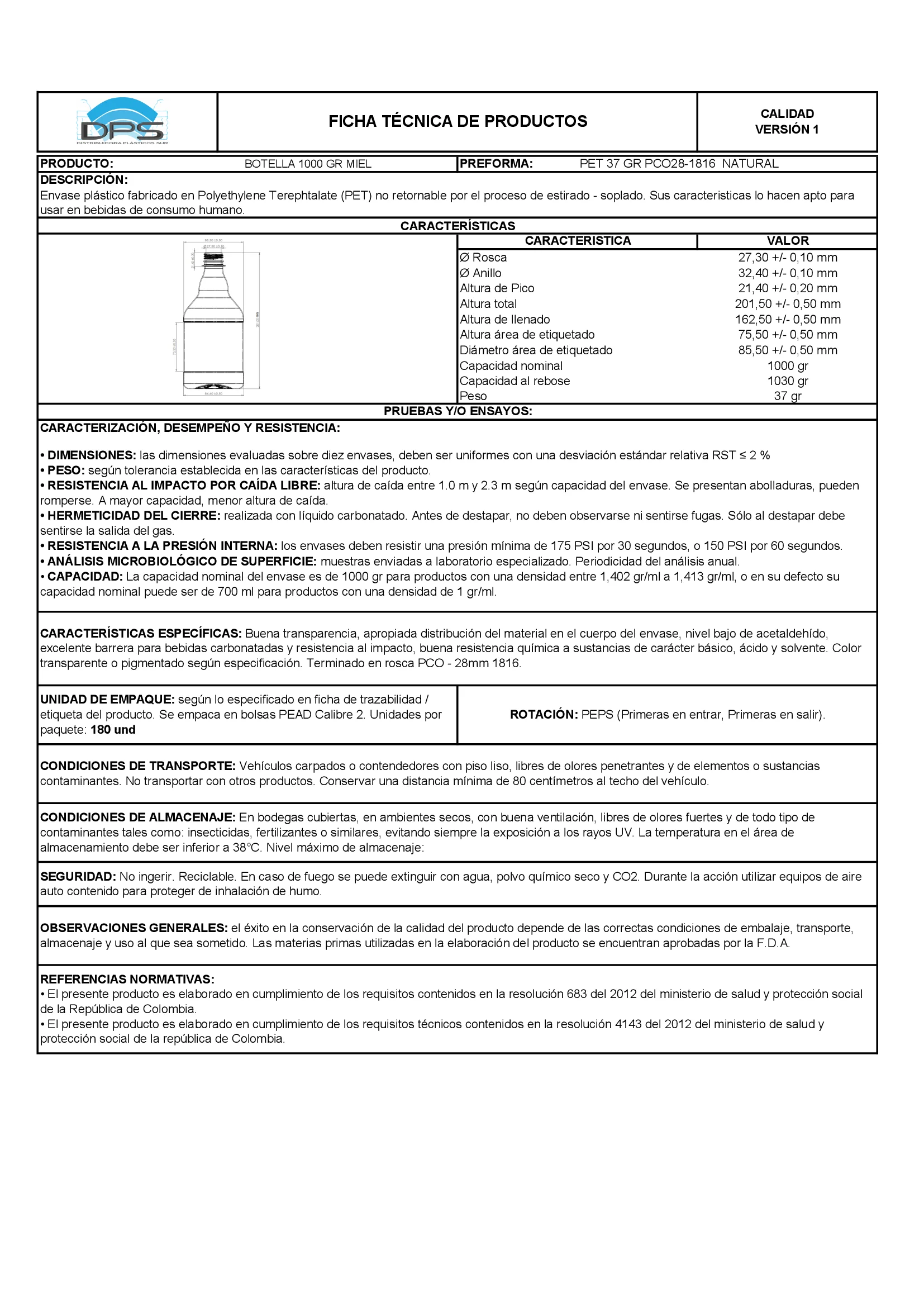 Ficha técnica BOTELLA PET 1000 GR NAT PCO28-1816 MIEL