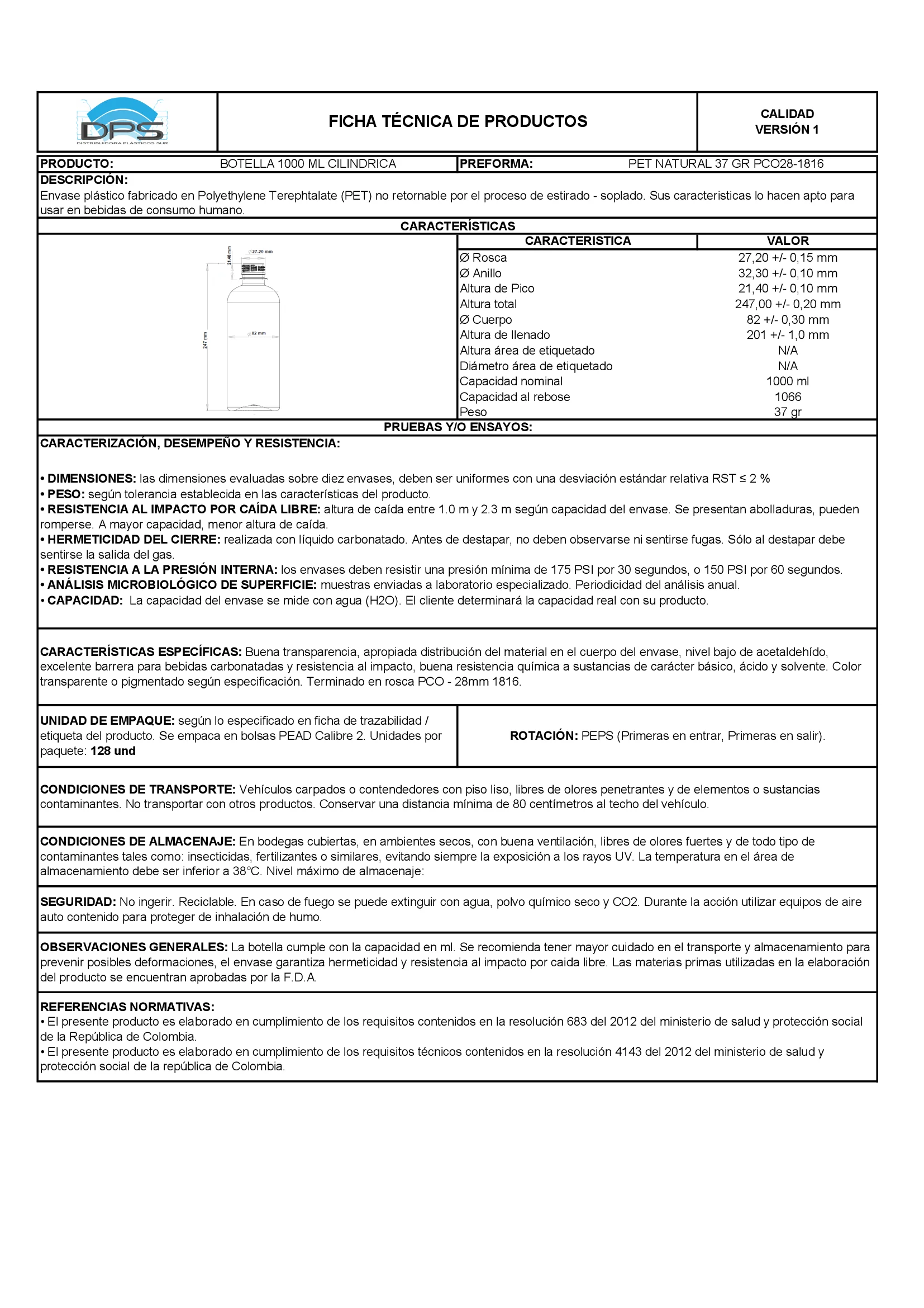 Ficha técnica BOTELLA PET 1000 ML  NAT PCO28-1816 CILÍNDRICA