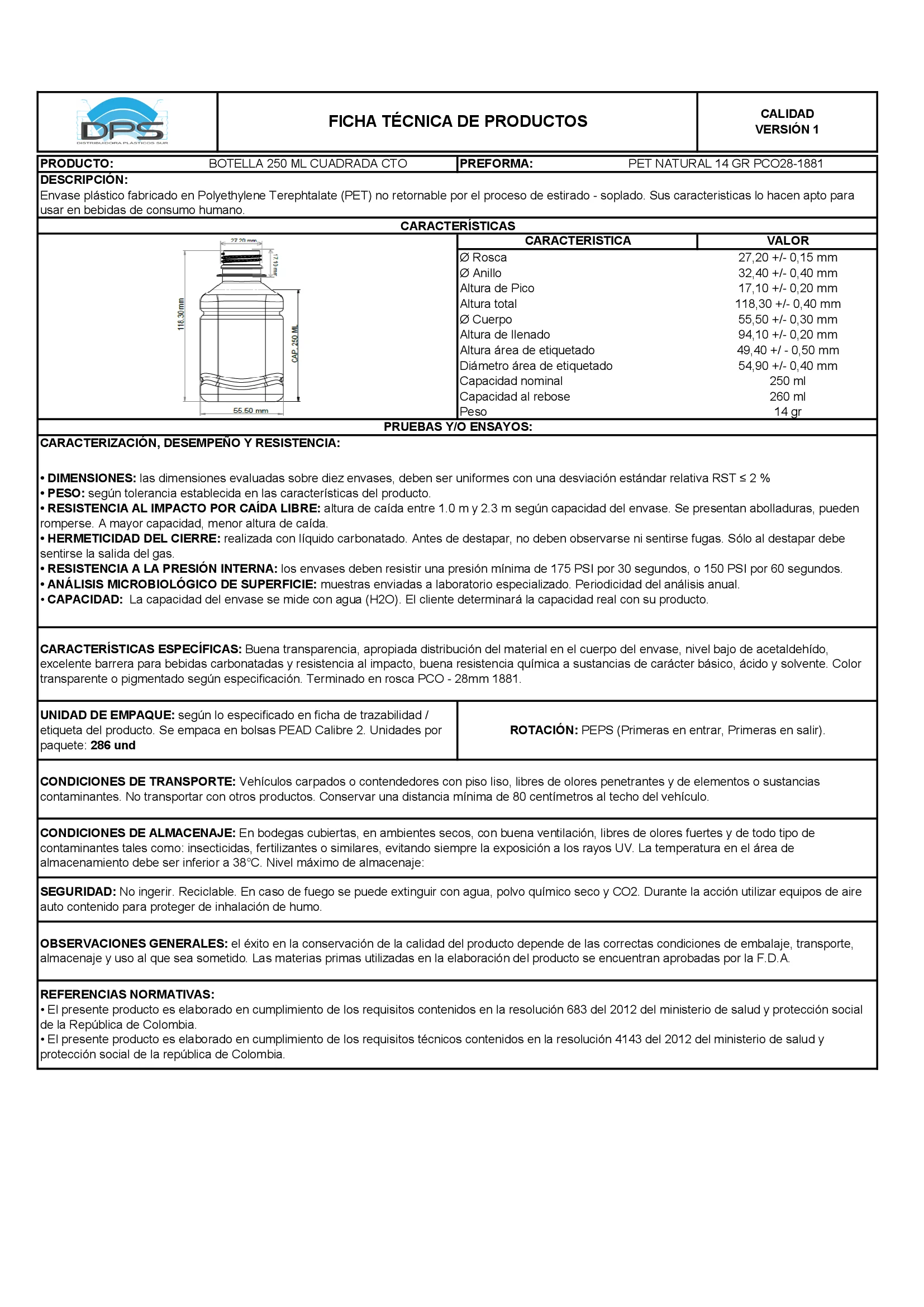 Ficha técnica BOTELLA PET 250 ML NAT PCO28-1881 GENÉRICA