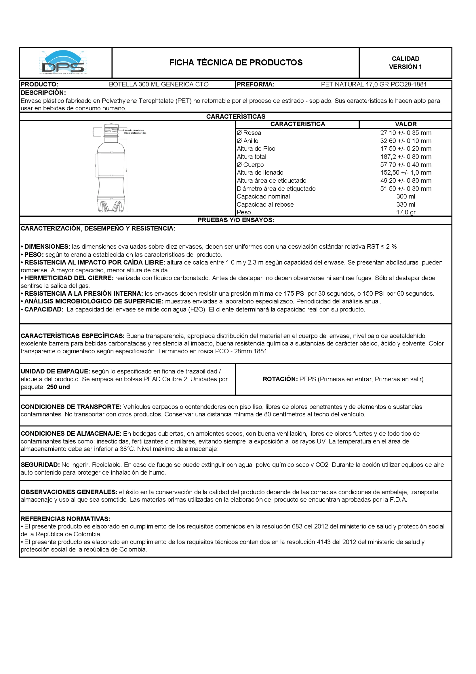 Ficha técnica BOTELLA PET 335 ML NAT PCO28-1881 GENÉRICA